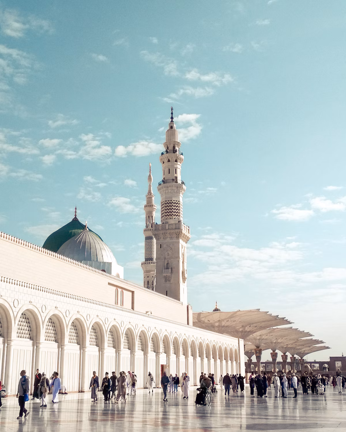 The courtyard and architecture of Al-Masjid an-Nabawi in Madinah